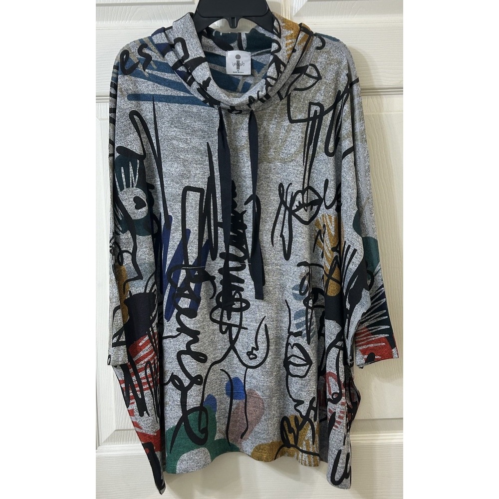 Inoah XS Tunic Long Sleeve Cowl Neck Front Pocket Wearable Art Multicolor *EUC*